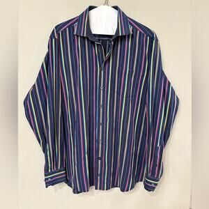 Bugatchi Uomo XXL Navy w Multicolor Stripes Men's Button Down in Preloved Cond.